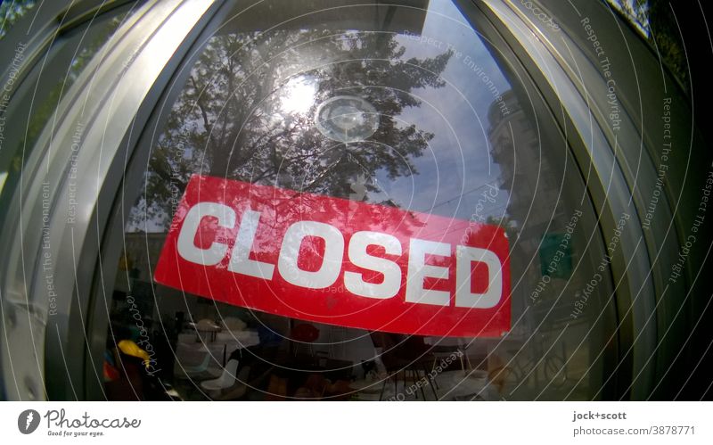 CLOSED shop in the middle Fisheye lens Wide angle Closed Store premises Pane Word Typography Signs and labeling Signage Distorted Front door Detail Reflection