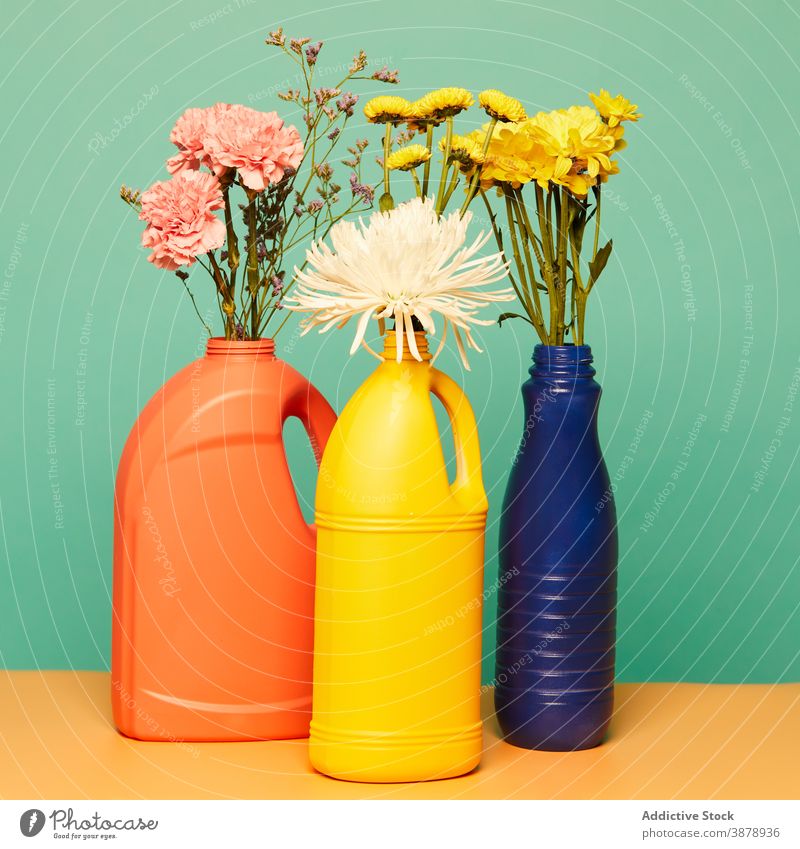 Fresh flowers in plastic bottles in studio reuse eco friendly save ecology bunch bouquet container natural plant sustainable development vibrant collection