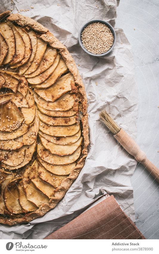 Apple Galette served on table apple galette cooked edible apple pie crust sugar cinnamon french baked tasty fresh healthy apples organic bakery spice meal slice