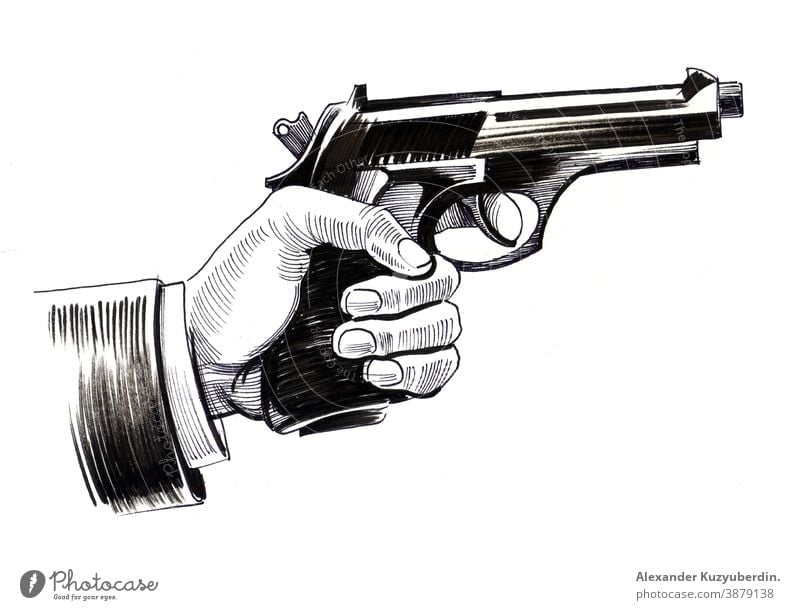 Hand holding a gun. Ink black and white drawing hand pistol weapon art artwork background illustration sketch ink