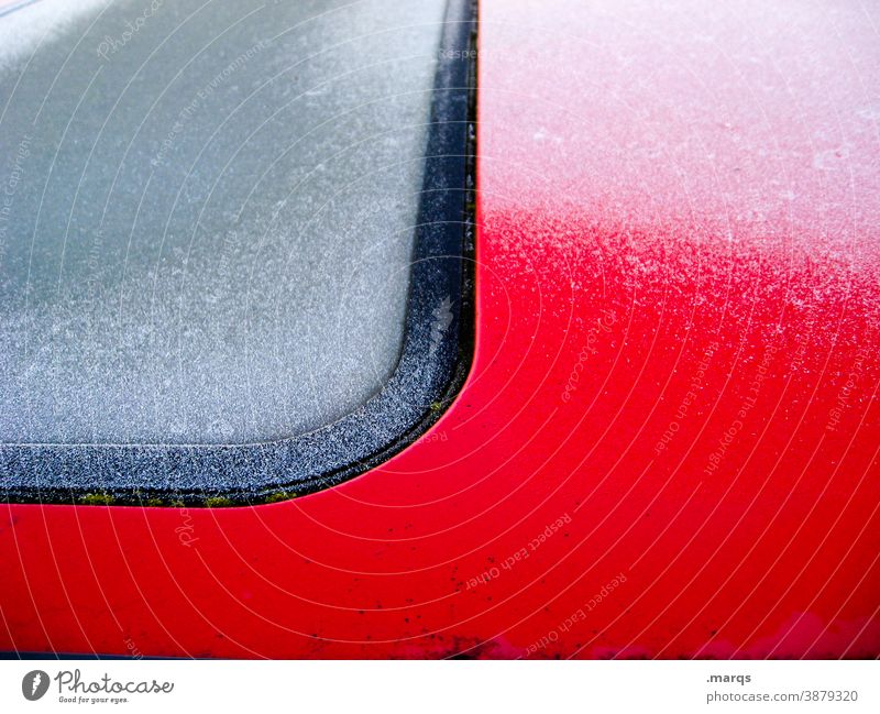 Iced skylight Skylight car Roof Cold Frost Frozen Red Winter Close-up Car