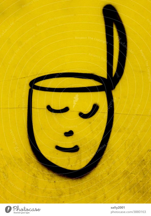openness... Head Drawing Graffiti Yellow Black Bucket lid Education Closed eyes Face Study portrait open-mindedness Open Ready rubbish bin Colour photo