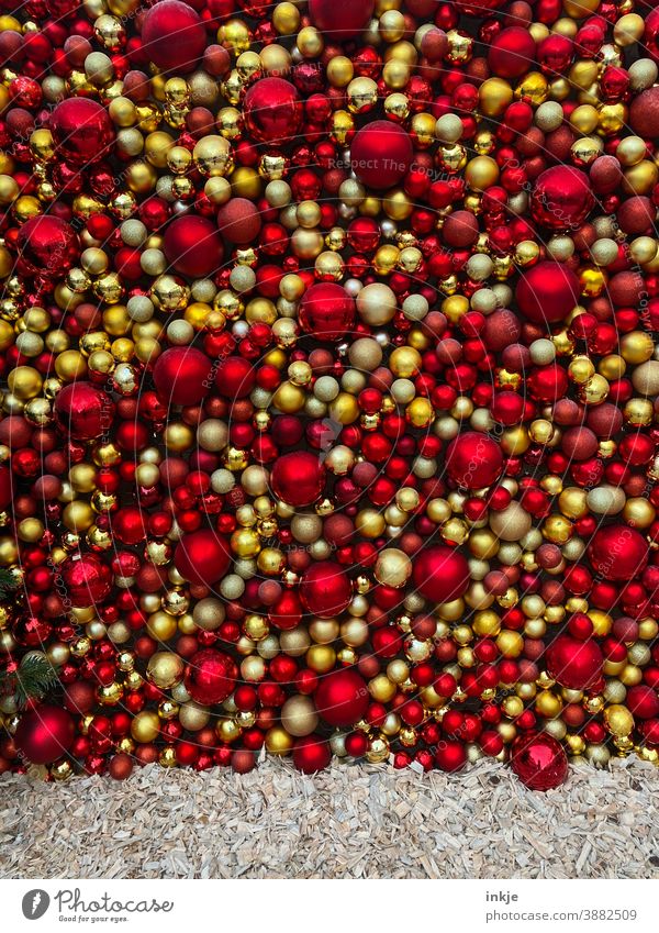 Christmas bauble wall Colour photo Deserted background Red bright colours Gold Yellow Wall (building) Decoration ,Christmas market Christmas decoration Many