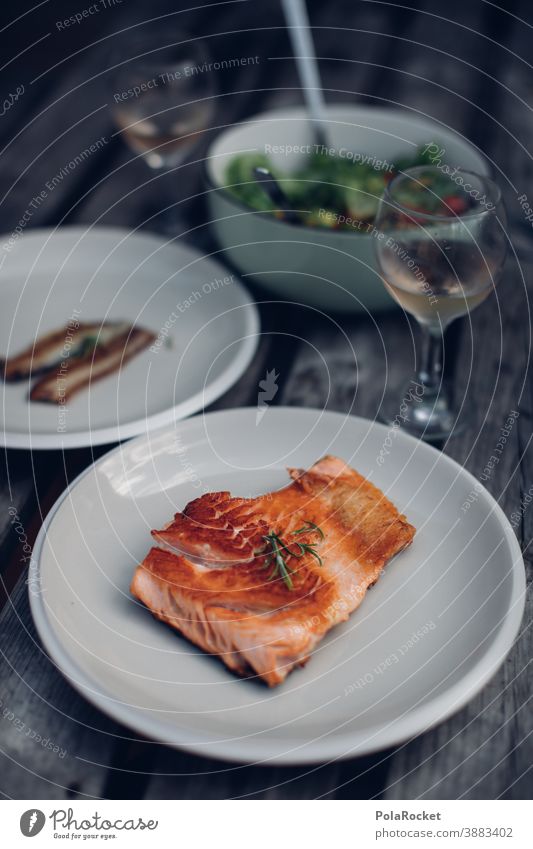 #A0# Salmon in France Fish Food Nutrition Healthy Eating Lunch Roasted Vine Midday Organic produce Herbs and spices Lettuce Meal Plate Self-made Colour photo