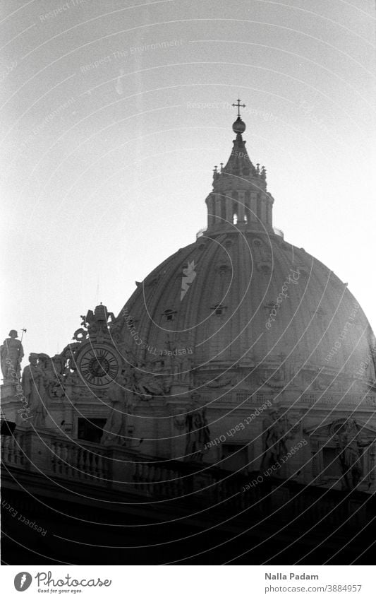 Peter's Cathedral Analog Analogue photo Black & white photo Vatican St. Peter's Cathedral dome Figures rail Church Dome Exterior shot Tourist Attraction Italy