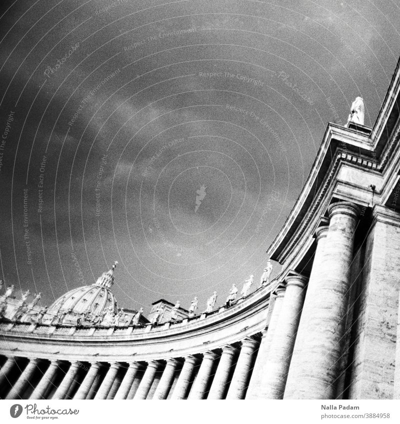 Colonnades and St. Peter's Basilica Analog Analogue photo Black & white photo Rome Italy columns Figures St. Peter's Cathedral Dome Sky Dark Exterior shot