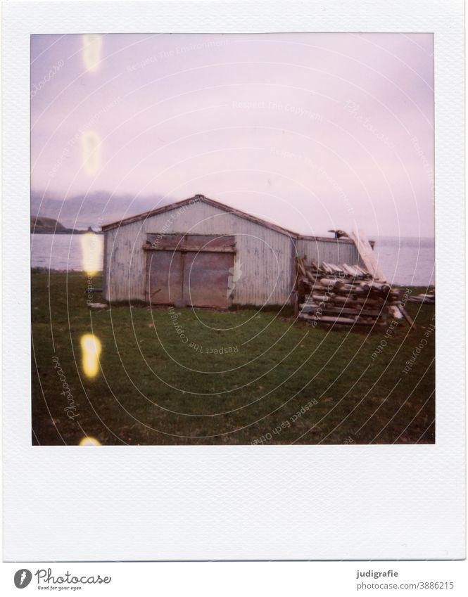 Icelandic house on Polaroid House (Residential Structure) Hut Flake Boathouse Fjord Living by the water Wood Goal Entrance Deserted Colour photo Exterior shot