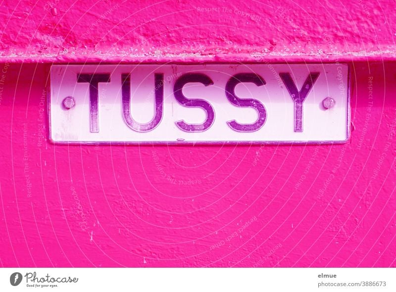 "TUSSY" is written on a metal plate on a pink metal plate / pink / color tussy sign Tin plate sign Metal Colour Metal plate Name vintage Bitch bimbo
