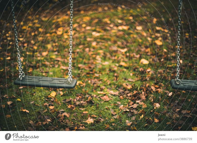 Abandoned swing on a playground | it is autumn | the wet leaves are lying on the lawn Swing Playground Autumn forsake sb./sth. Lonely foliage Autumnal