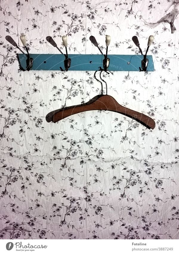 A hanger hangs on an old wardrobe which is attached to a patterned wallpaper. hangers coat hook Hanger Checkmark Old lost places Wallpaper Pattern