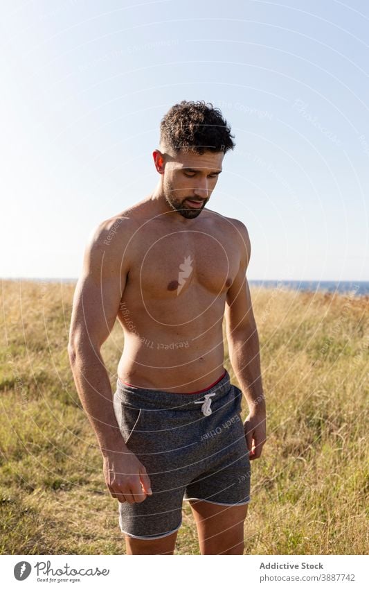 Shirtless strong man on meadow in summer shirtless muscle bodybuilder naked torso sportsman athlete hill male grassy determine nature sportswear wellbeing