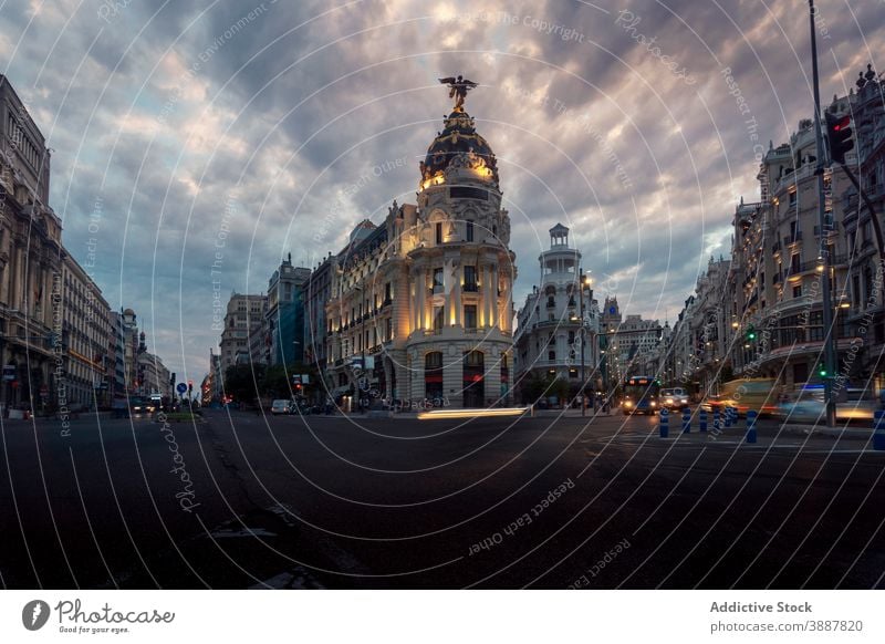 Ancient building in city in evening metropolis building famous landmark road architecture destination twilight scenery madrid spain urban cloudy sky exterior