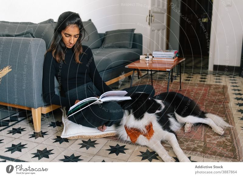 Pensive woman reading book in room with dog home together interesting relax thoughtful border collie female ethnic indian story sit floor friendly pet