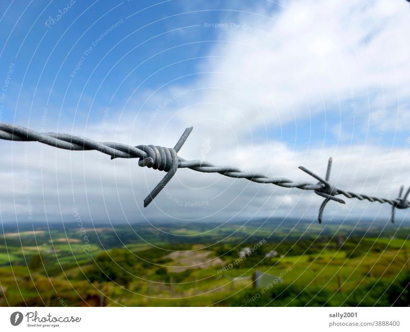 locked... Wire Barbed wire Barbed wire fence Landscape Fence cordon forbidden Safety peril Dangerous Border Barrier Protection interdiction Threat