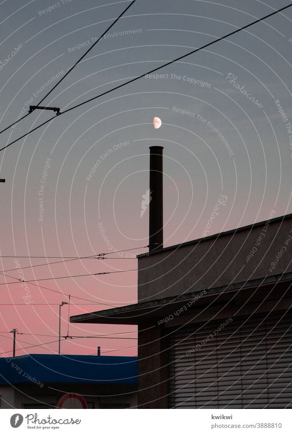 moon over chimney Moon Industry Chimney Red Sunset Sky Factory Environmental pollution Climate change Industrial plant Exterior shot Colour photo