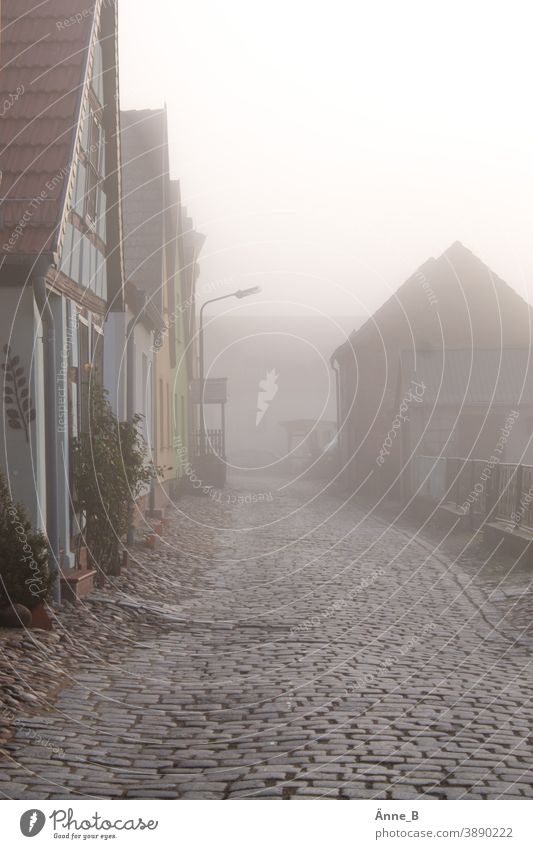 Through the streets on bumpy cobblestone Paving stone Lanes & trails Fog Dawn Deserted rural Cobblestones Bumpy track Holperstraße Jolting Old town Historic