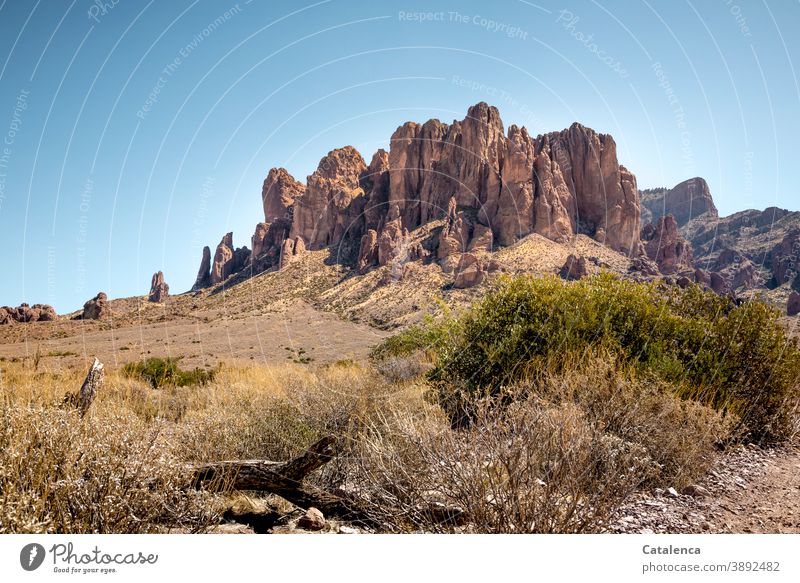 The Superstition Mountains on a hot day Nature Landscape Rock Desert Bushes stones Sky Dry Hot Thorn bushes Hiking Thirst Drought