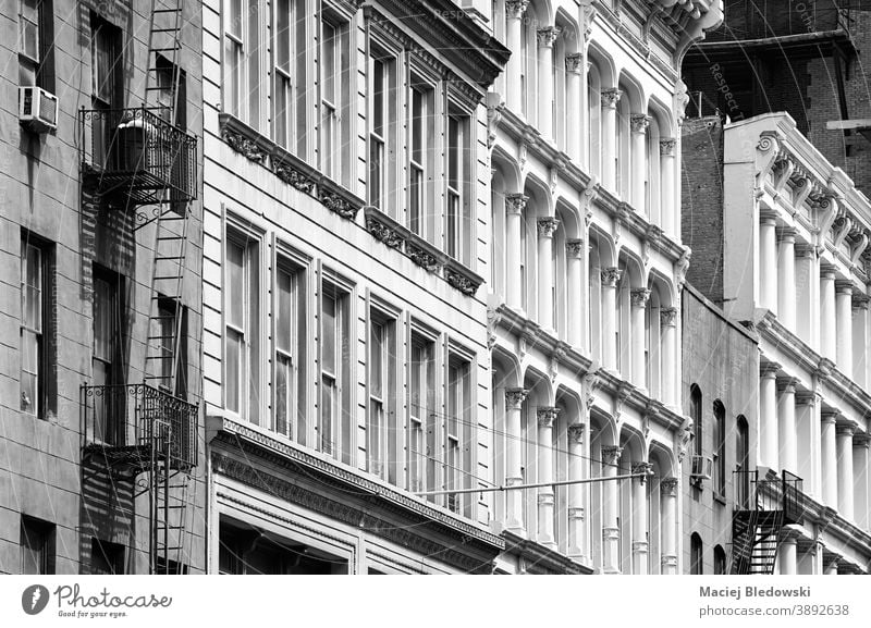 Black and white photo of New York diverse architecture, USA. city black and white building NYC urban no people wall Manhattan facade
