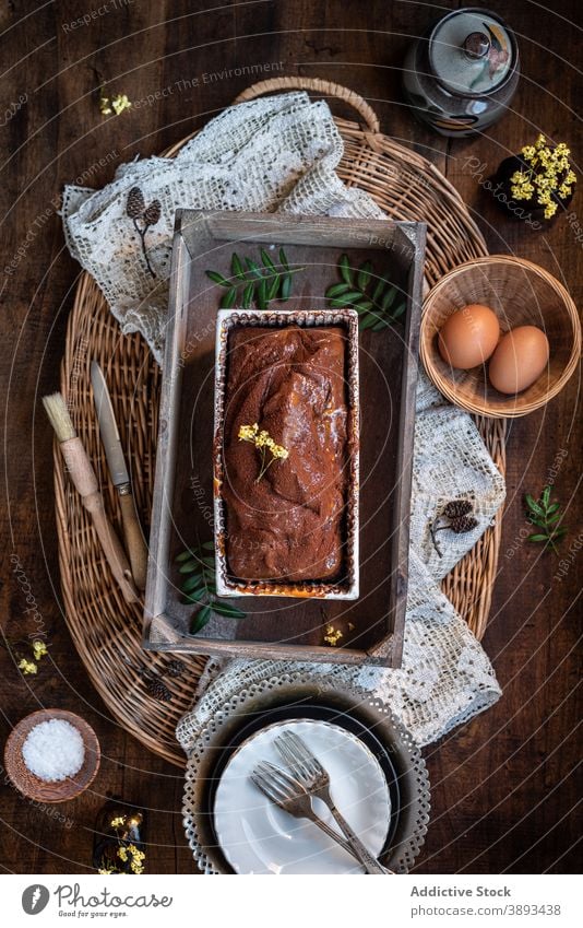 Rustic chocolate pound cake in baking pan rustic homemade food dessert sweet pastry baked dish tasty delicious yummy cuisine culinary kitchen gastronomy meal