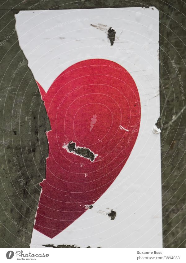 Sticker with red heart, torn stickers Graffiti Heart Red Broken White detail Close-up broken heart Detail urban