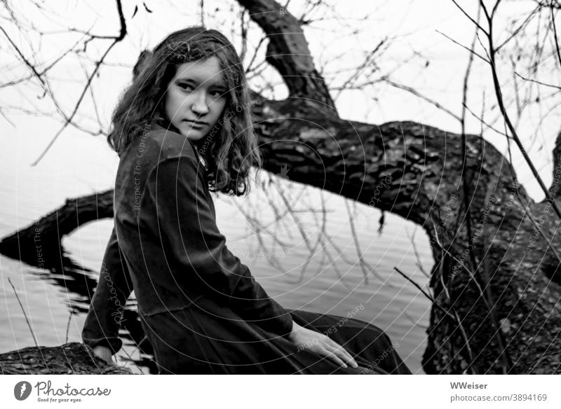 Melancholic and somewhat reproachful, the girl looks around at the lakeside Girl Young woman teenager Meditative Earnest Lake bank Tree Tree trunk Dress Dark