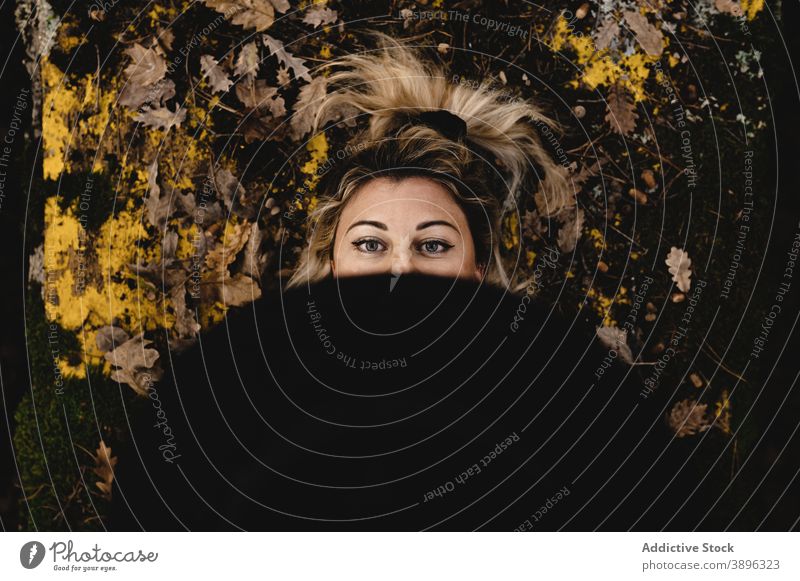 Woman with hat lying in autumn park woman leaf fall rest cover face chill season adult female eye relax style nature lady harmony foliage recreation appearance