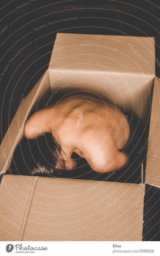 A naked woman huddled in a box Cardboard Naked moving crate Shipping carton Human trafficking Goods Human Package Defenseless huddled together Packaging