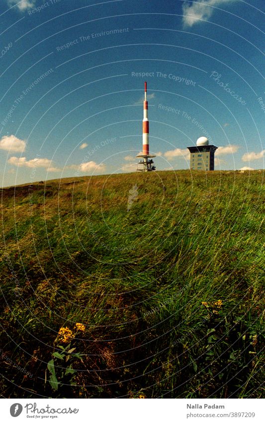 View from Blocksberg Analog Analogue photo Colour Colour photo Brocken Hilltop Antenna Broadcasting tower Meadow mountain Building Sky Green Blue Red White.
