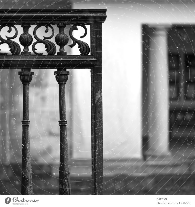 light snowfall with entrance gate and column blow snow Snow Snowfall Main gate forged distortion lattice bars Classicism Winter Cold Snowflake Dark columns