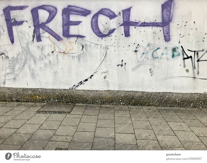 The word cheeky is written in purple as graffiti on a dirty wall Graffiti Brash Word urban Wall (barrier) Daub Characters Youth Culture Letters (alphabet) Text