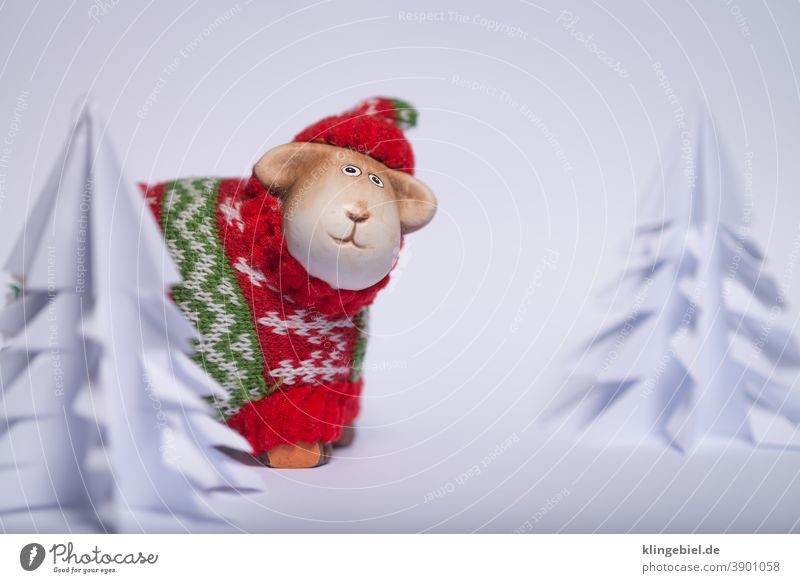 Christmas decoration - Sheep in a winter landscape Snow fir tree Paper Sweater Wool Wool sweater Woolen hat Cap Lamb's wool Snow layer