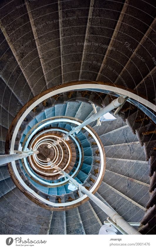 downwards Stairs Round Architecture Tall Staircase (Hallway) Banister Winding staircase Spiral Infinity rail Perspective Vertigo Downward Deep Line geometric