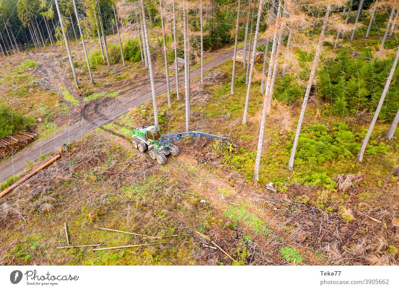 The harvester from above Autumn Winter Wood logging Nature modern machine Machinery trees