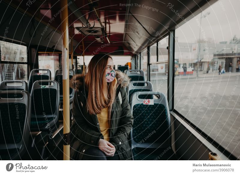 woman with face mask traveling in public bus covid-19 public transport 2019-ncov auto bus biohazard bosnia caution china city city life corona coronavirus