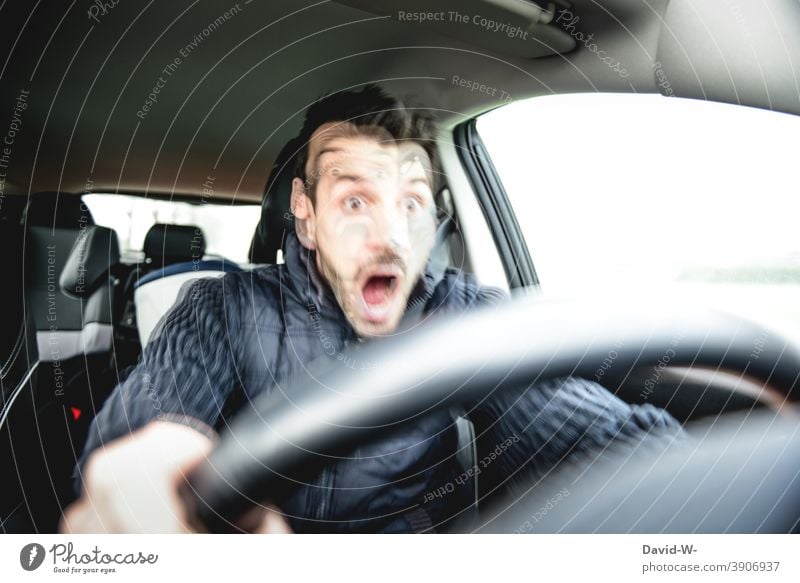 Danger of accident - man driving the car and stepping on the brakes Motoring Accident Man Car Traffic accident Road traffic Response time Inattention Panic