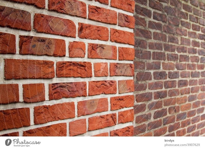 Brick wall with house corner and weuter brick wall Bricks Wall (barrier) Wall (building) full-frame image Shallow depth of field interstices Red Brown