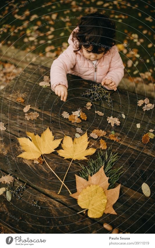 Cute child girl playing with autumn leaves Child childhood Caucasian 1 - 3 years Girl Autumn Authentic Autumnal Autumn leaves Autumnal colours fall Infancy