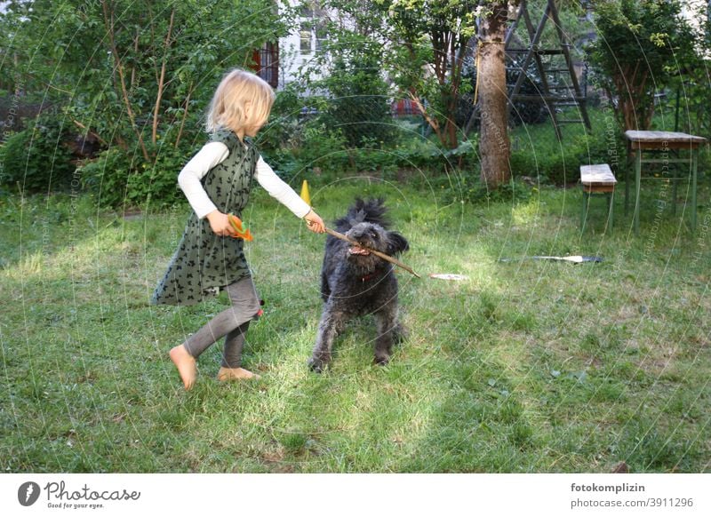 Girl playing with dog in garden Dog Child Pet Stick pull Together Infancy Friendship Playing Love of animals Happiness Wild Romp Animal dog training Garden