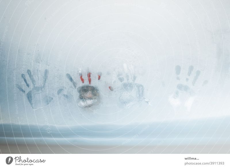 Ho ho ho! Santa Claus looks in through the frozen window! handprint hands Cold Window Frost Frozen iced winter Snow Winter freezing cold icily Christmas