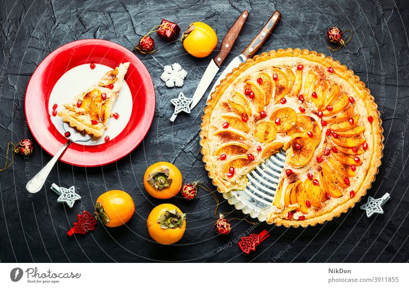 Christmas fruit tart persimmon pie cake christmas cake persimmon cake xmas new year christmas dessert food sweet delicious cheesecake pastry fresh