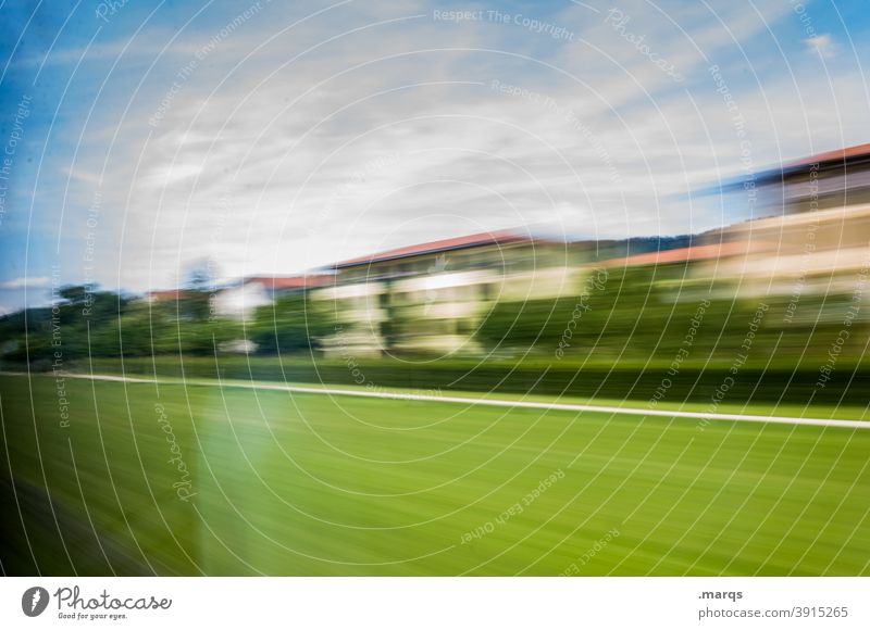 train ride Speed Driving Movement Landscape Summer Transport motion blur Mobility Means of transport Beautiful weather Clouds House (Residential Structure)