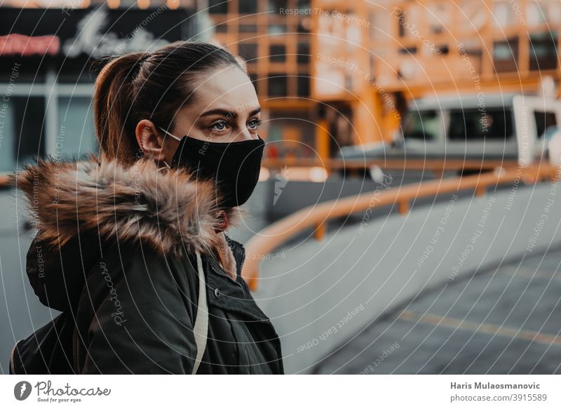 woman with face mask outdoors in the city adult attractive beautiful beauty blonde bus station caucasian confident coronavirus covid-19 croatia disease epidemic
