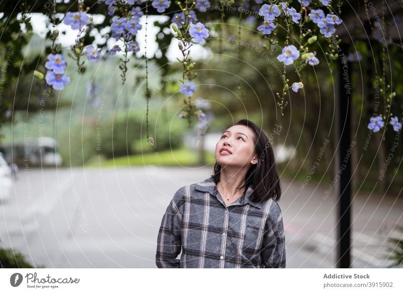 Smiling ethnic woman in botanic garden flower park tender delicate bloom blossom enjoy female asian east coast lush gentle harmony young nature flora plant