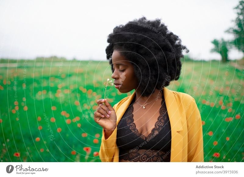 Ethnic woman in bright wear smelling flower in field spring colorful bloom blossom nature young female vivid yellow african american black ethnic lifestyle