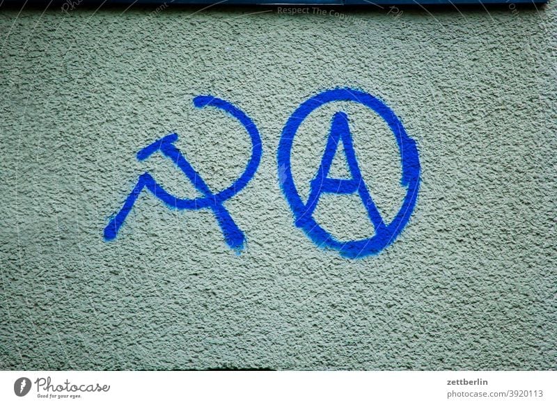 Hammer, Sickle, Anarchy Remark embassy Colour sprayed graffiti Grafitto illustration Art Wall (barrier) Message message Slogan policy Damage to property writing