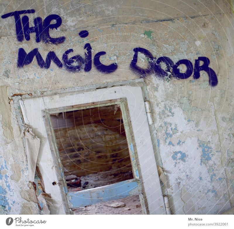 The magic Door door lost places Ruin Magic Architecture Derelict Transience Ravages of time Change Broken Decline Old Destruction Graffiti Characters Past