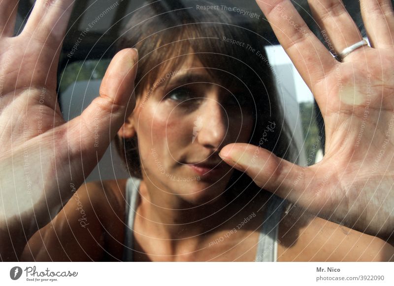 Hand surface Pane Fingers Window pane Glass Imprint fingertips Fingerprint Woman Face Touch Skin Car window handprint hand surface Thumb Looking