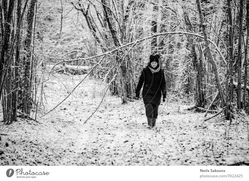 woman walking in woods in winter forest snow Winter Winter forest Cold Tree Nature Landscape trail ice hazelnut bush warm dressed well dressed rubber boots