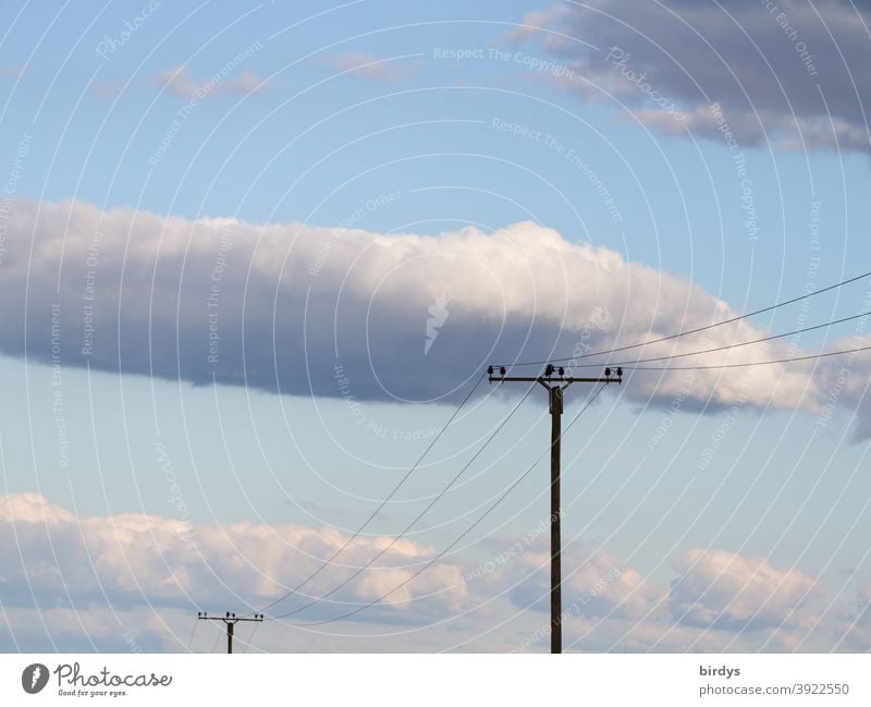 Power lines with poles ,blue sky with clouds. Telephone lines with poles power line Power poles telephone lines Sky Clouds Connection Cable Electricity pylon