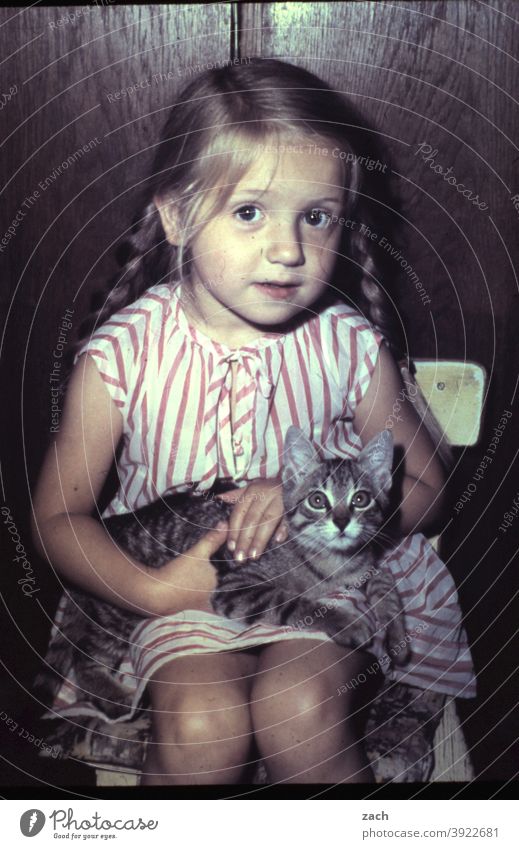 friends Child Infancy Girl Analog Slide Scan Animal Cat Braids plaits Looking into the camera Sit Toddler